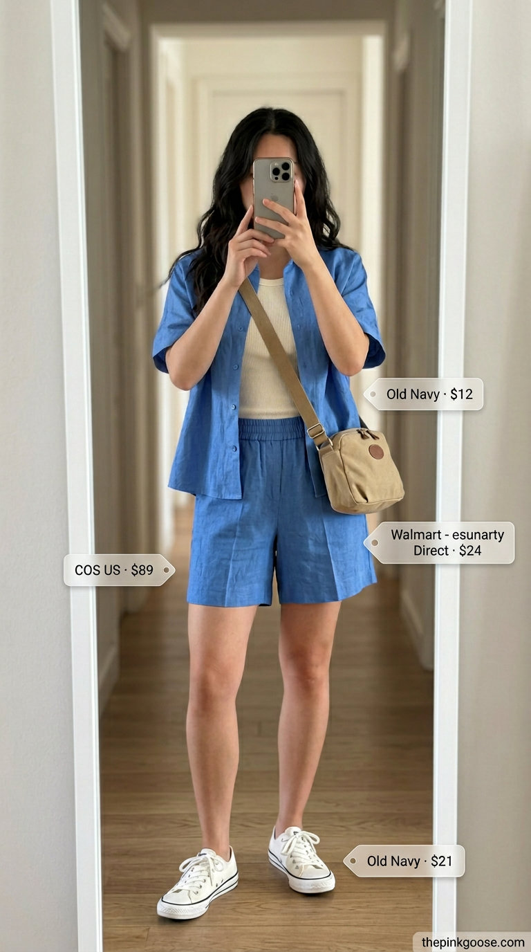 Santorini Greek island summer outfits for women 2026: Sky blue linen set, tank, hat, sneakers for island hopping.