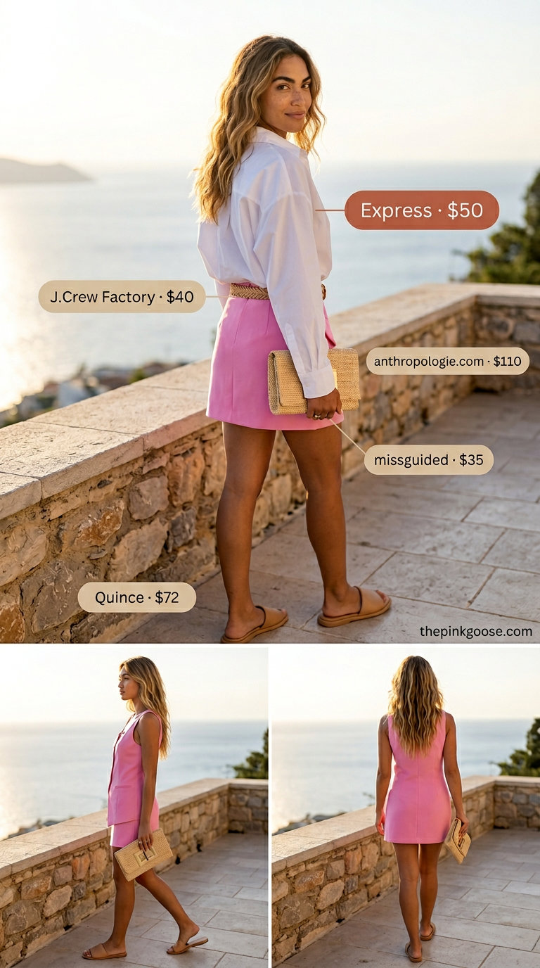 Santorini Greek island summer outfits for women 2026: White oversized button-down shirt for daytime chic.