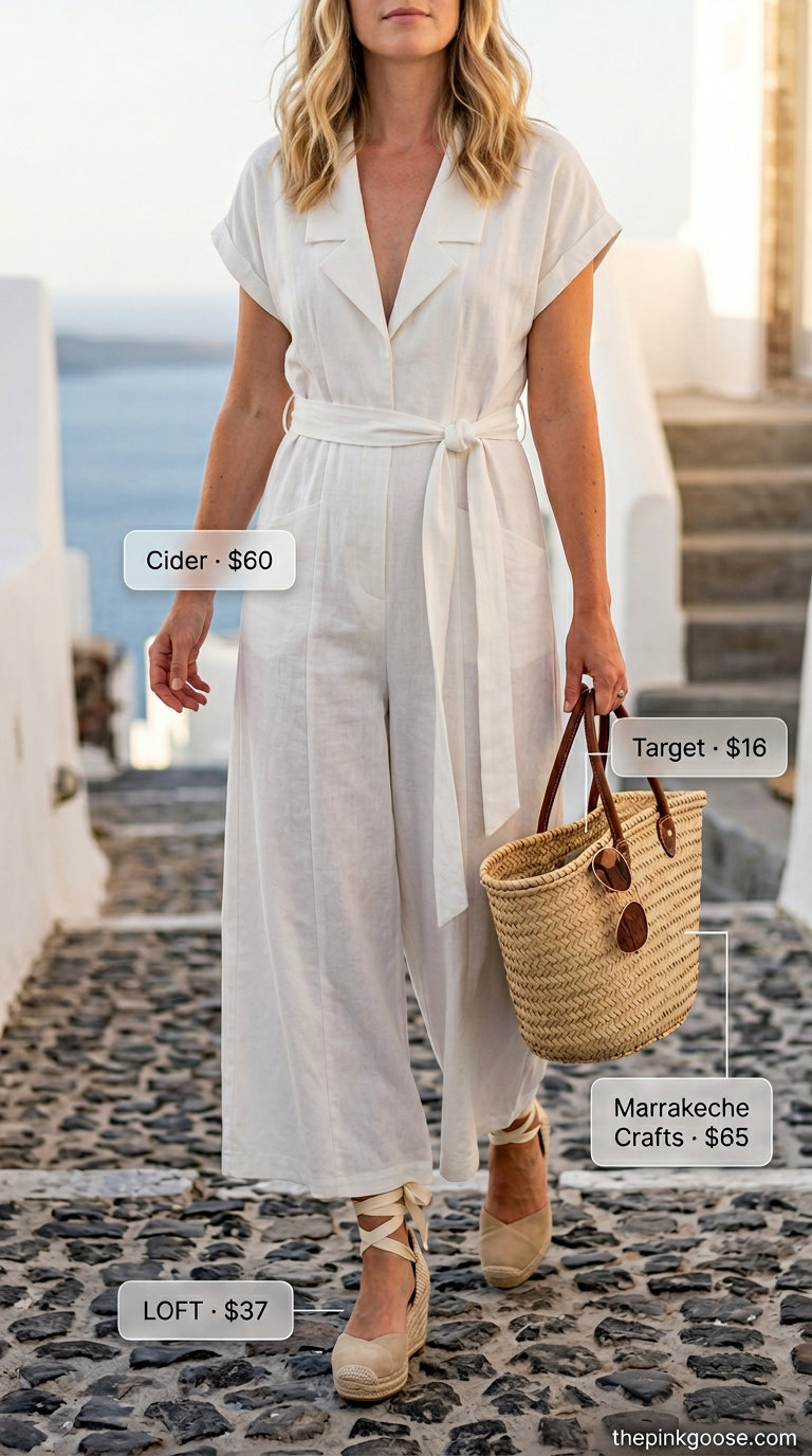 Santorini Greek island summer outfits for women 2026: White linen jumpsuit, wedge espadrilles, straw tote for day to night.