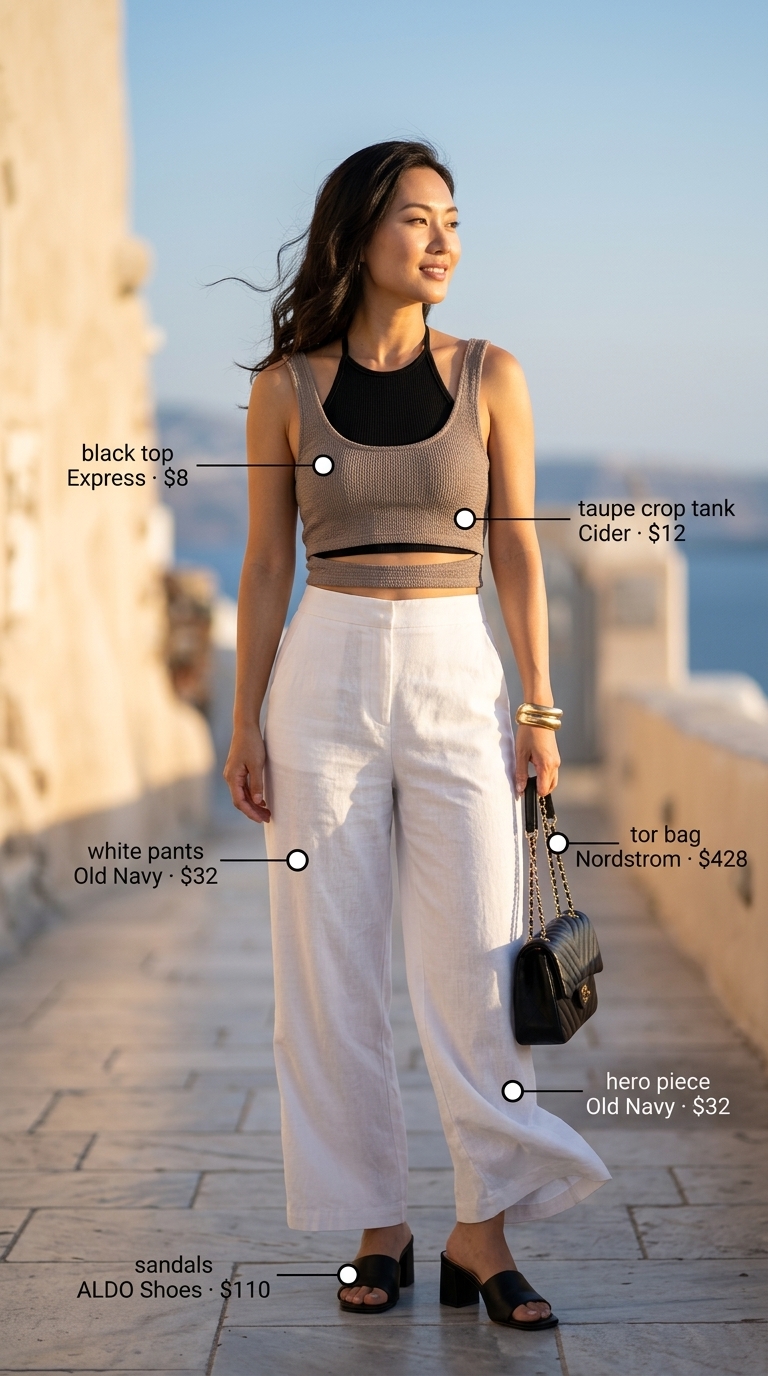 Santorini Greek island summer outfits for women 2026: Cream wide-leg linen pants, black halter top, heeled mules for chic evenings.