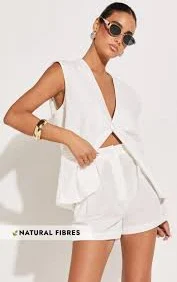 Marlee Two Piece Set - Linen Button Through Vest and Shorts Set in White