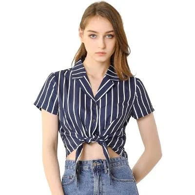 Allegra K Women's Retro Striped Button Up Short Sleeve Tie Front Crop Shirt