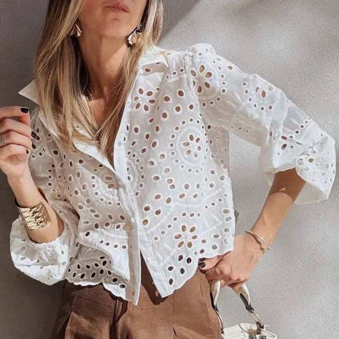 White Eyelet Embroidered Puff Sleeve Crop Shirt