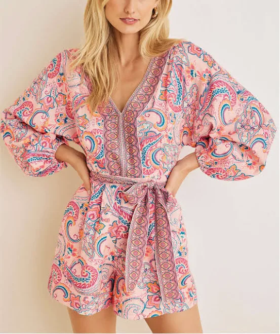 Venus Women's Venetian Paisley Linen Tie-Waist Romper