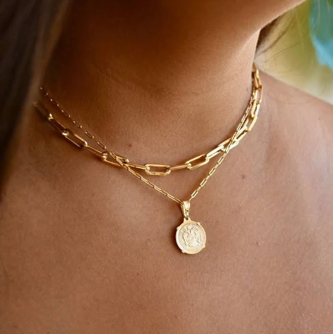 Minimalist Gold Coin Medallion Paperclip Necklace