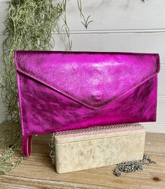 Metallic Leather Envelope Clutch with Detachable Chain Strap and Wrist Strap