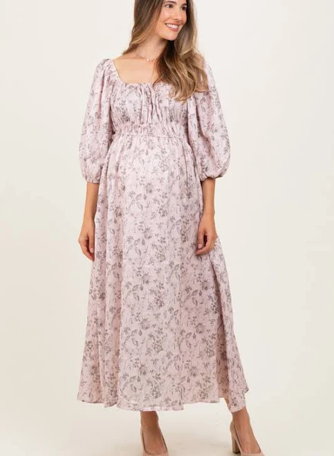 Floral Puff Sleeve Smocked Waist Midi Dress