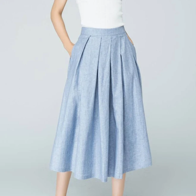 A-Line Pleated Linen Midi Skirt with Pockets