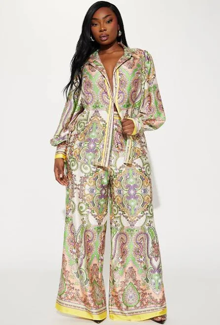 Fashion Nova Long Sleeve Satin Button Up Shirt Wide Leg Pant Set