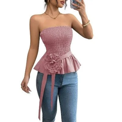 Women's 3D Floral Smocked Peplum Tube Top