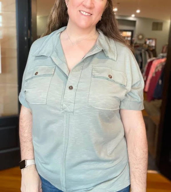 Half Button Blouse with Pockets and Raw Seams