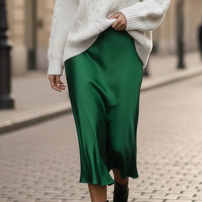 Designer Bias Satin Midi Skirt