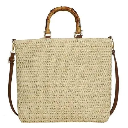 Women's Straw Woven Handbag with Bamboo Handle