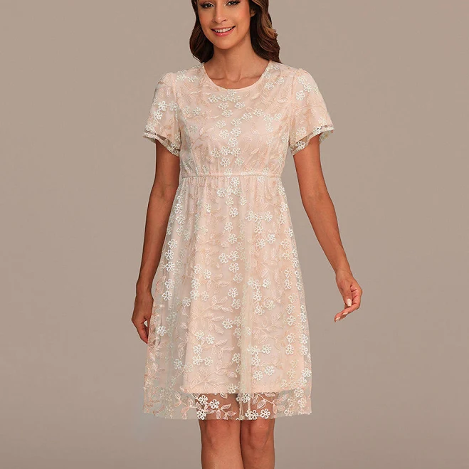 Embroidery Flowers Round Neck Midi Dress