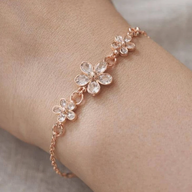 Dainty Rose Gold Crystal Flower Charm Bracelet