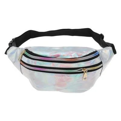 LUOEM 1pc Fashion Holographic PU Leather Shining Fanny Pack Waist Packs for Women Girls (Silver)