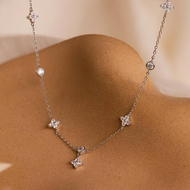 Caitlyn Minimalist Ivy Flower Diamond Station Charm Necklace