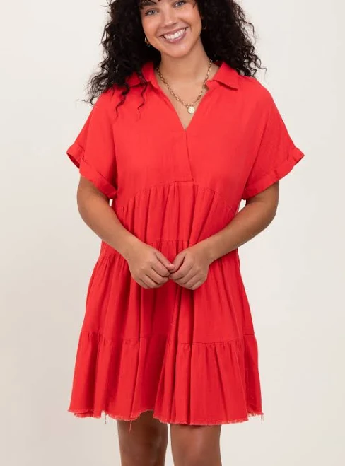 Coral Tiered Linen Dress