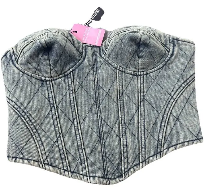 Pretty Little Thing Denim Acid Wash Denim Jean Corset Crop Top Y2k Sz