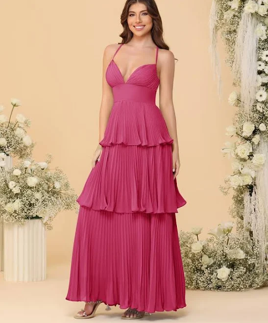 Lavetir Line/Princess Spaghetti Straps Sleeveless Floor-Length Tiered Bridesmaid Dresses With Pleats 2026