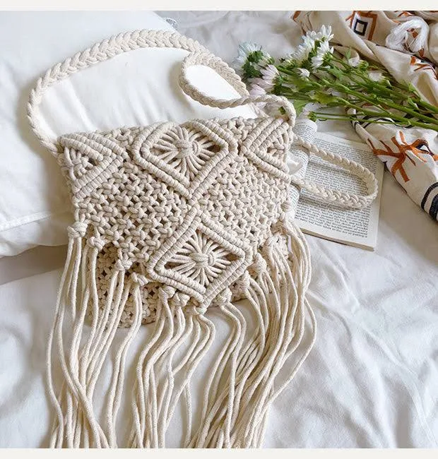 Elena Retro Cotton Macrame Crossbody Bag with Tassels (Handbags)
