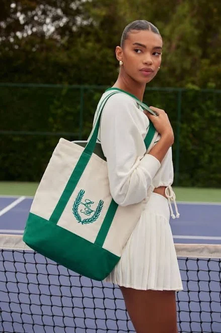 Forever 21 Emerald Green And Cream Canvas Tote With Crest Design -