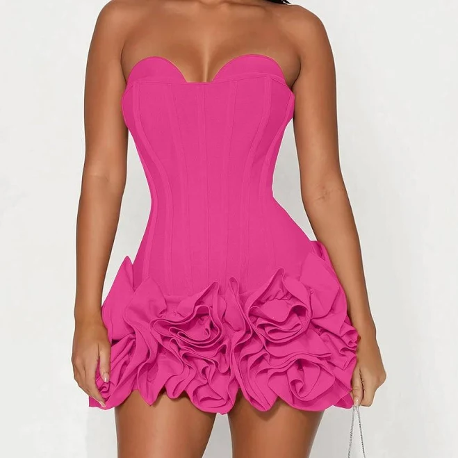 Fashion Nova Corset Waist Padded Strapless Bandage Sweetheart Blessed Beauty Ruffle Rosette Mini Dress