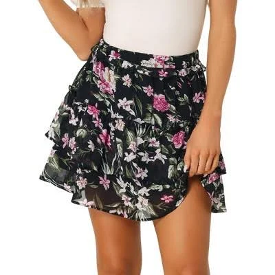 Inspire Chic Women's Layered Ruffle Hem Elastic Waist A-Line Floral