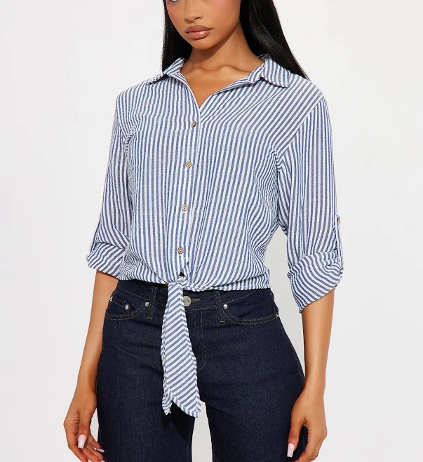 Fashion Nova Mylie Tie Front Striped Linen Button Up Shirt