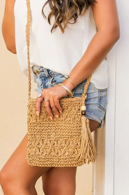 Woven Straw Tassel Crossbody Bag