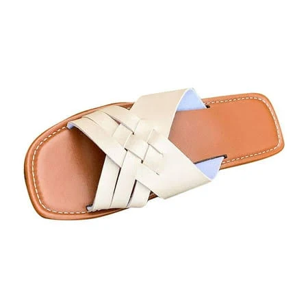 Xfvqtps Slide Sandals for Women Flat Cross Straps Open Square Toe Leather Non Slip Beach Summer Sandals White, Women's, Size: 9