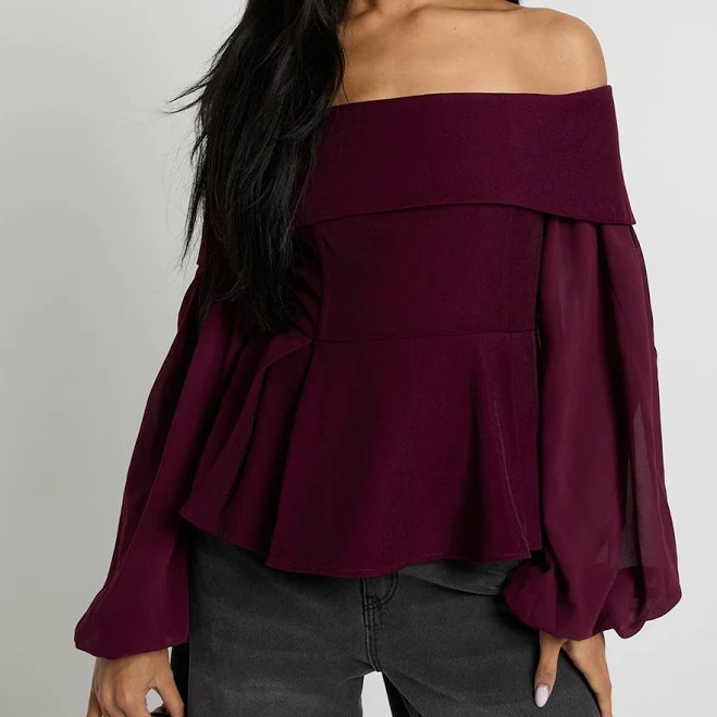 Boohoo Women's Chiffon Crepe Bardot Blouse