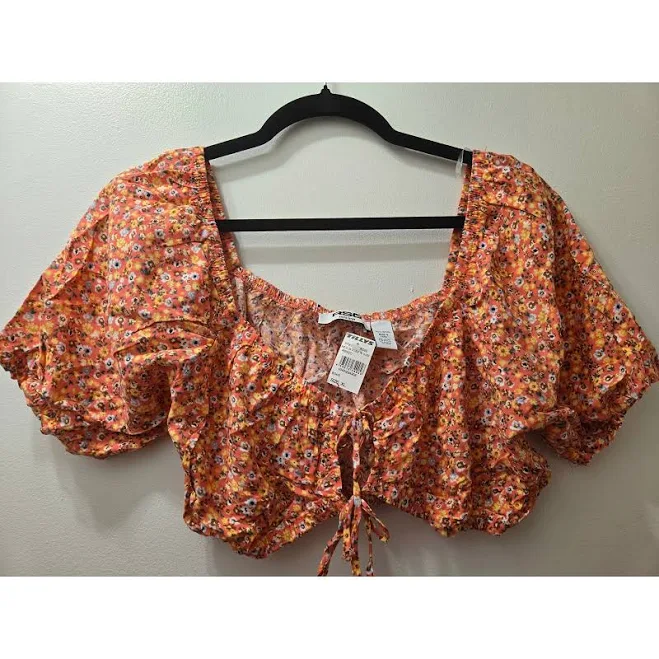 Rsq Extra Large Women Orange Floral Print Puff Sleeve Square Tie Front