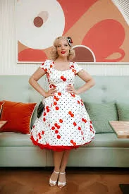Claudia 50's Dress in White Cherry Dot Print