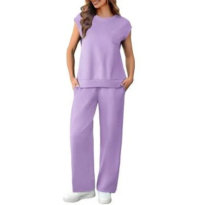 Women's Lounge Set with Cap Sleeves and Drawstring Wide Leg Pants