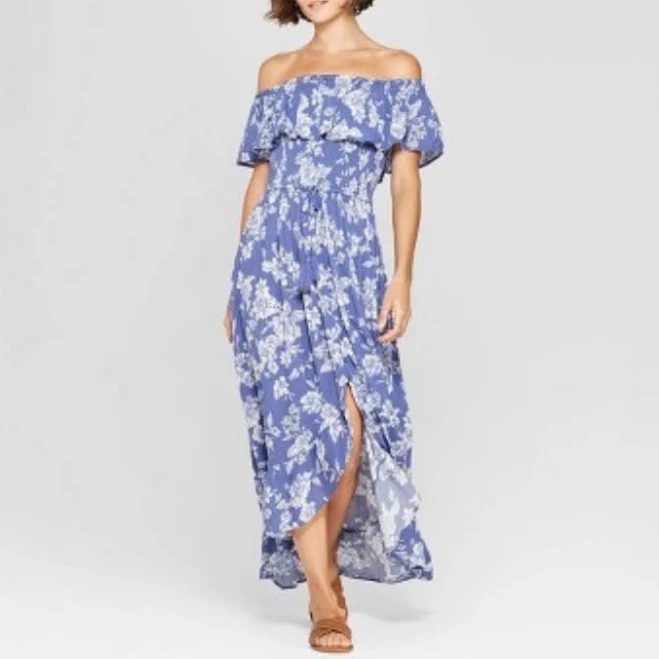 Off-shoulder smocked bodice maxi dress with tropical floral print
