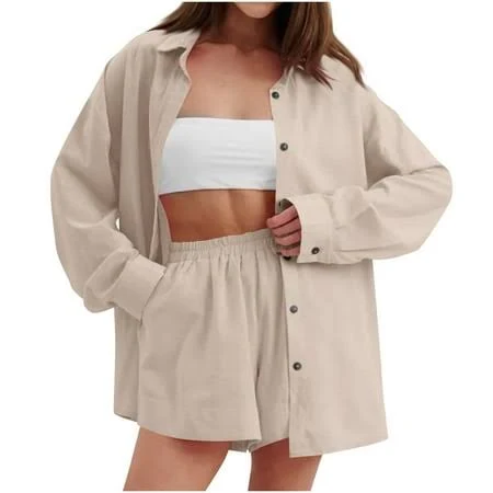 Bloomae Women's Trendy Linen Two Piece Shorts Set