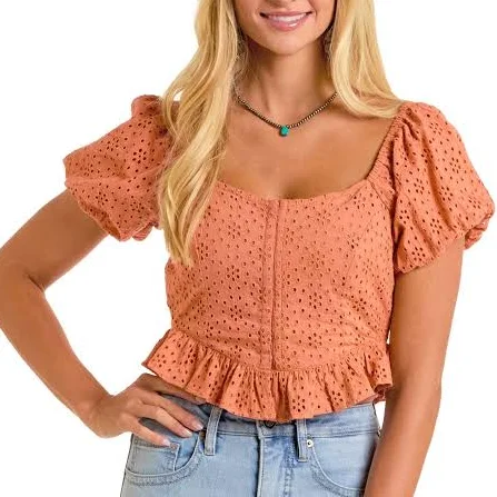 Women's Eyelet Puff Sleeve Blouse