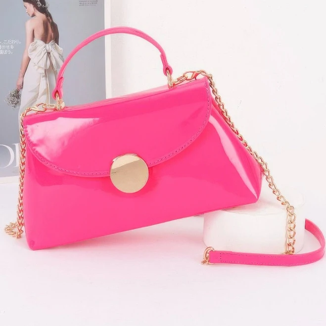 Patent Faux Leather Top Handle Bag Fuschia
