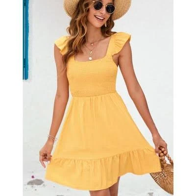 Coolmee Women's Boho Casual Smocked Square Neck Mini Dress