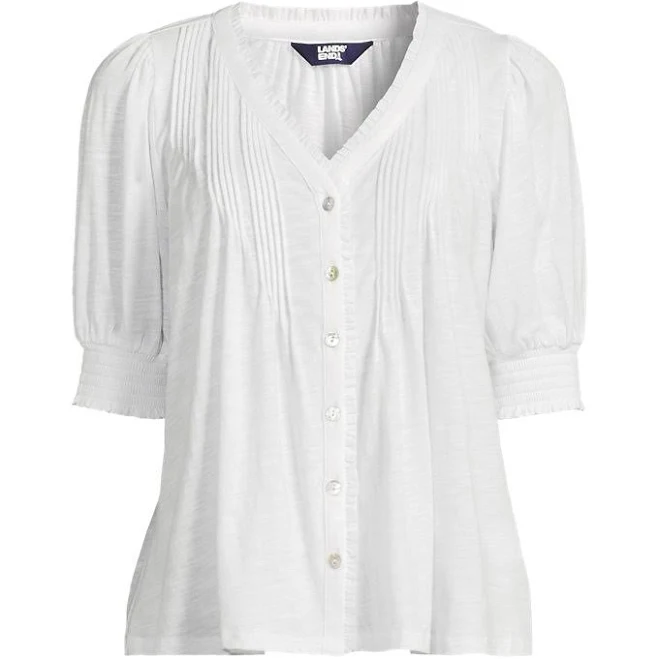 Lands' End Women's Button Pintuck Puff Sleeve Top