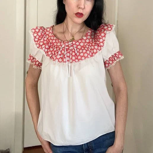 40's Cotton Peasant Blouse with Ruffle Collar