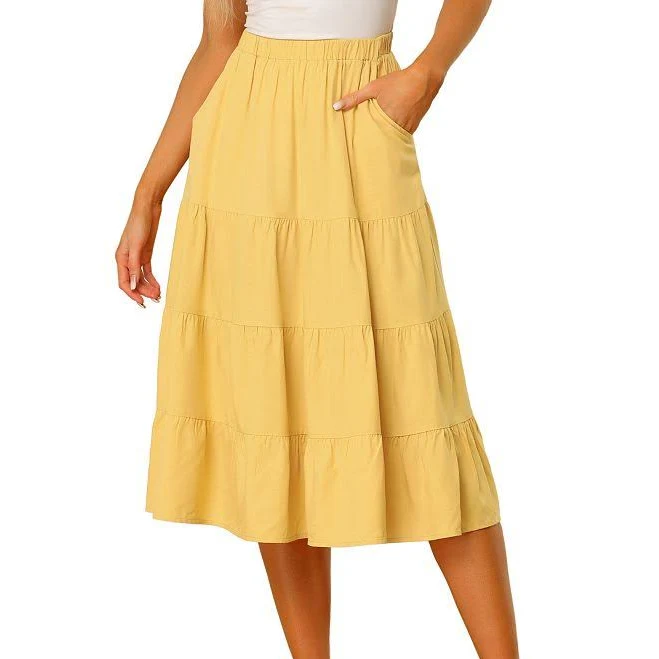 Women's A-Line Tiered Pockets Midi Long Skirt, Size: Medium, Yellow