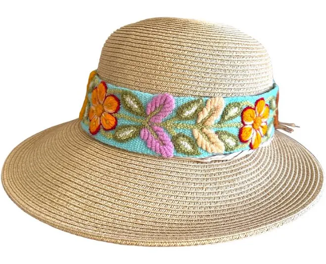Hand Embroidered Wide Brim Straw Sun Hat
