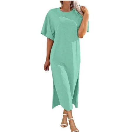 Women's Flowy Crew Neck Short Sleeve Slit Loose Fit Dress