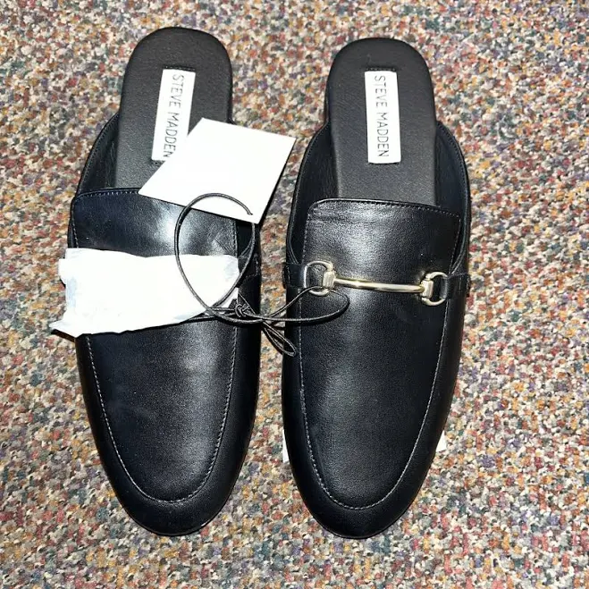 Steve Madden Galilea Leather Gold Horsebit Black Loafer Mules Slides 7