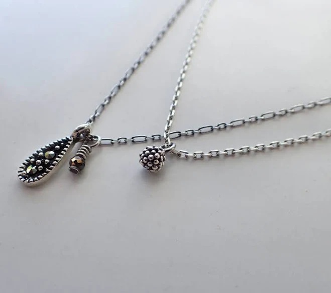 Oxidized Sterling Silver Marcasite Tiny Charm Necklace
