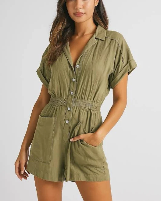 Zara Khaki Green Linen Blend Button Shirt Playsuit Shorts Jumpsuit