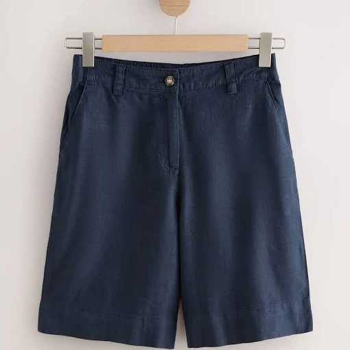 Navy Blue Linen Blend Bermuda Shorts