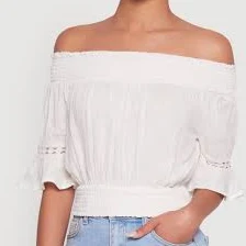Womens Off The Shoulder Smocked Cropped Peasant Top, Ivory, Size L - Rainbow Shops
